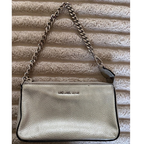 Michael Kors Handbags - Michael Kors Metallic Silver Pebbled Leather Chain Pochette Bag 32F7MFDW6M